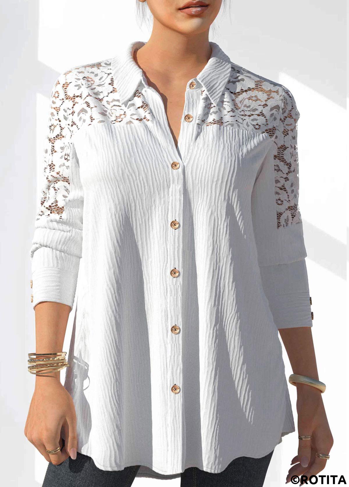 White tops,Plain Color tops,ROTITA Lace Stitching White Button Detail Blouse