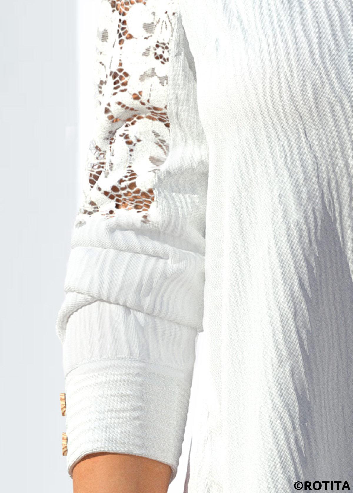 White tops,Plain Color tops,ROTITA Lace Stitching White Button Detail Blouse