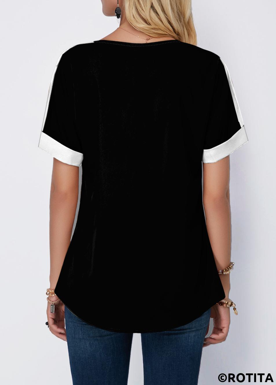 Black tops,Striped tops,ROTITA Floral Print Striped Split Neck Black T Shirt