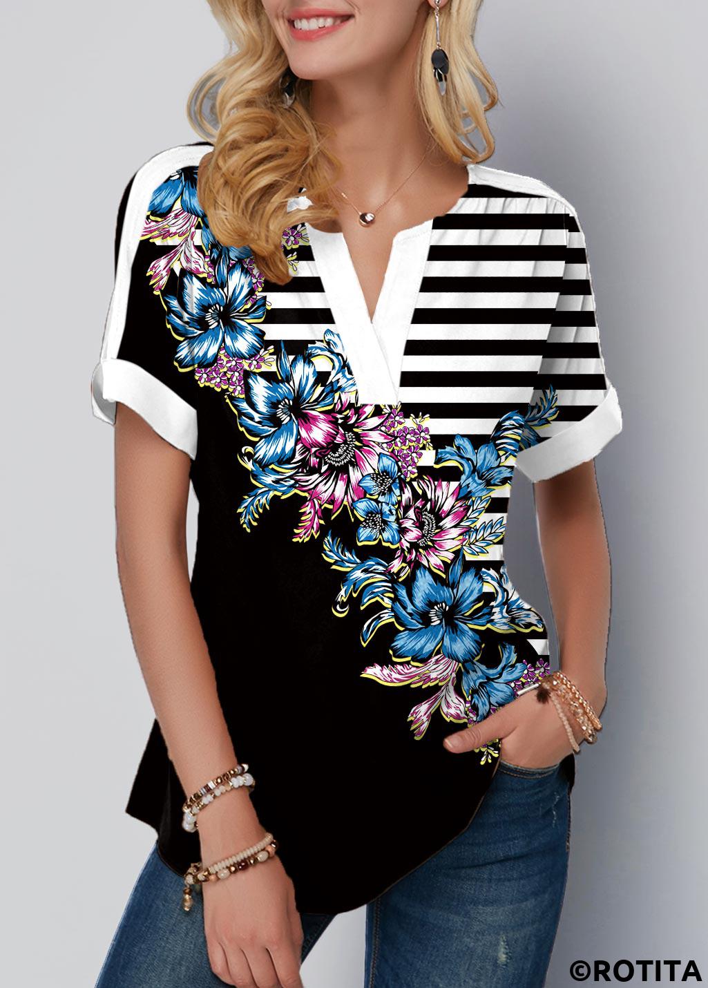Black tops,Striped tops,ROTITA Floral Print Striped Split Neck Black T Shirt