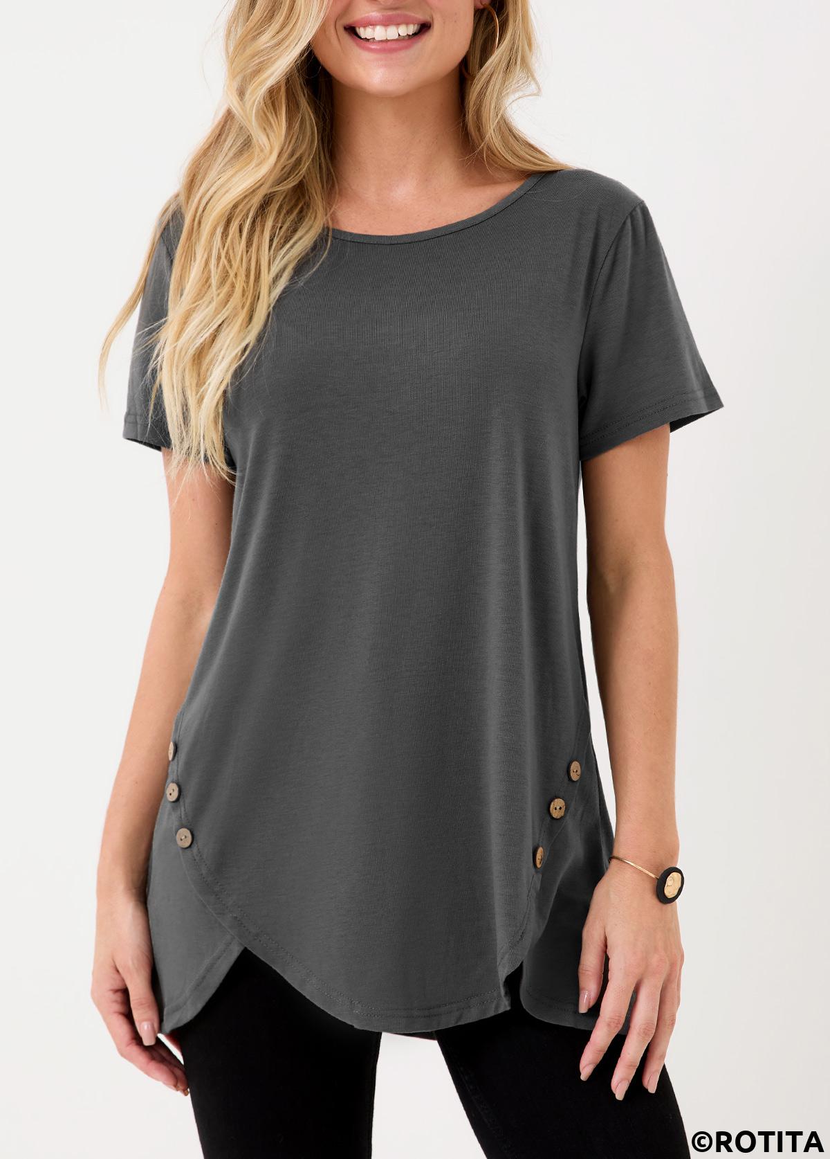 Dark Grey tops,Plain Color tops,Dark Grey Asymmetric Hem Decorative Button T Shirt