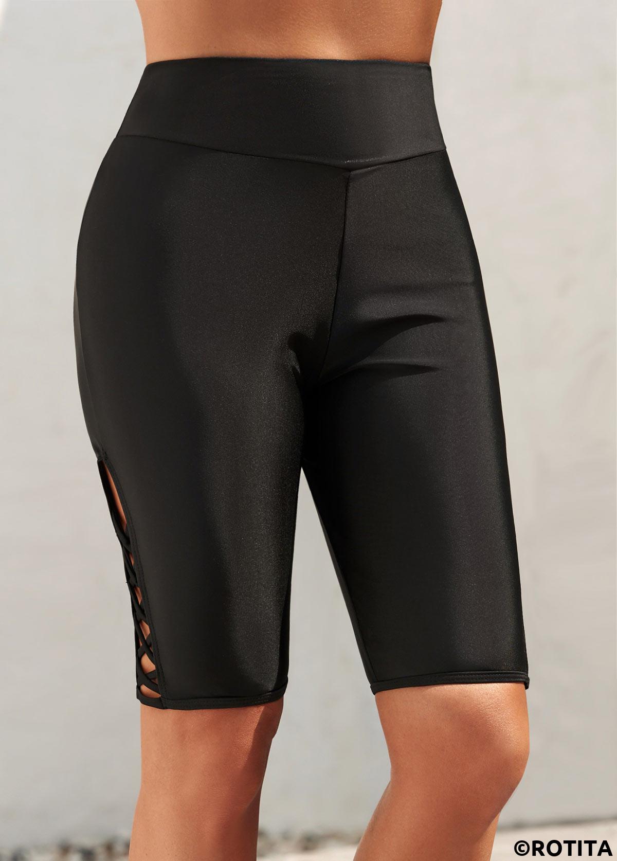 Black swimwear,Plain Color swimwear,High Waisted Black Cross Strap Swim Shorts