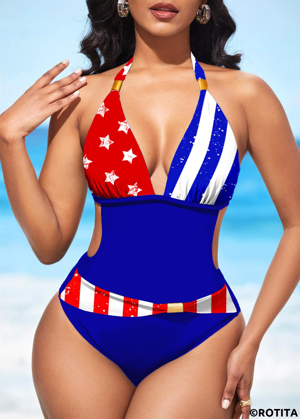 Rotita Neckholder-Bademode mit amerikanischer Flagge und Farbblockmuster