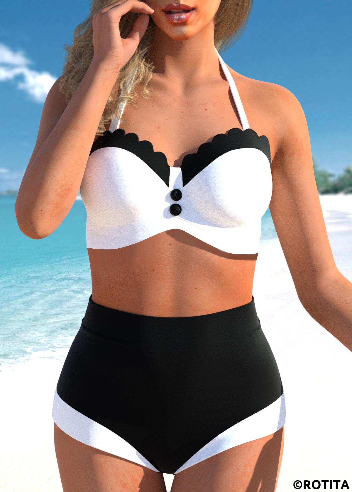 Black swimwear,Contrast Color swimwear,ROTITA High Waisted Retro Contrast Black Bikini Set