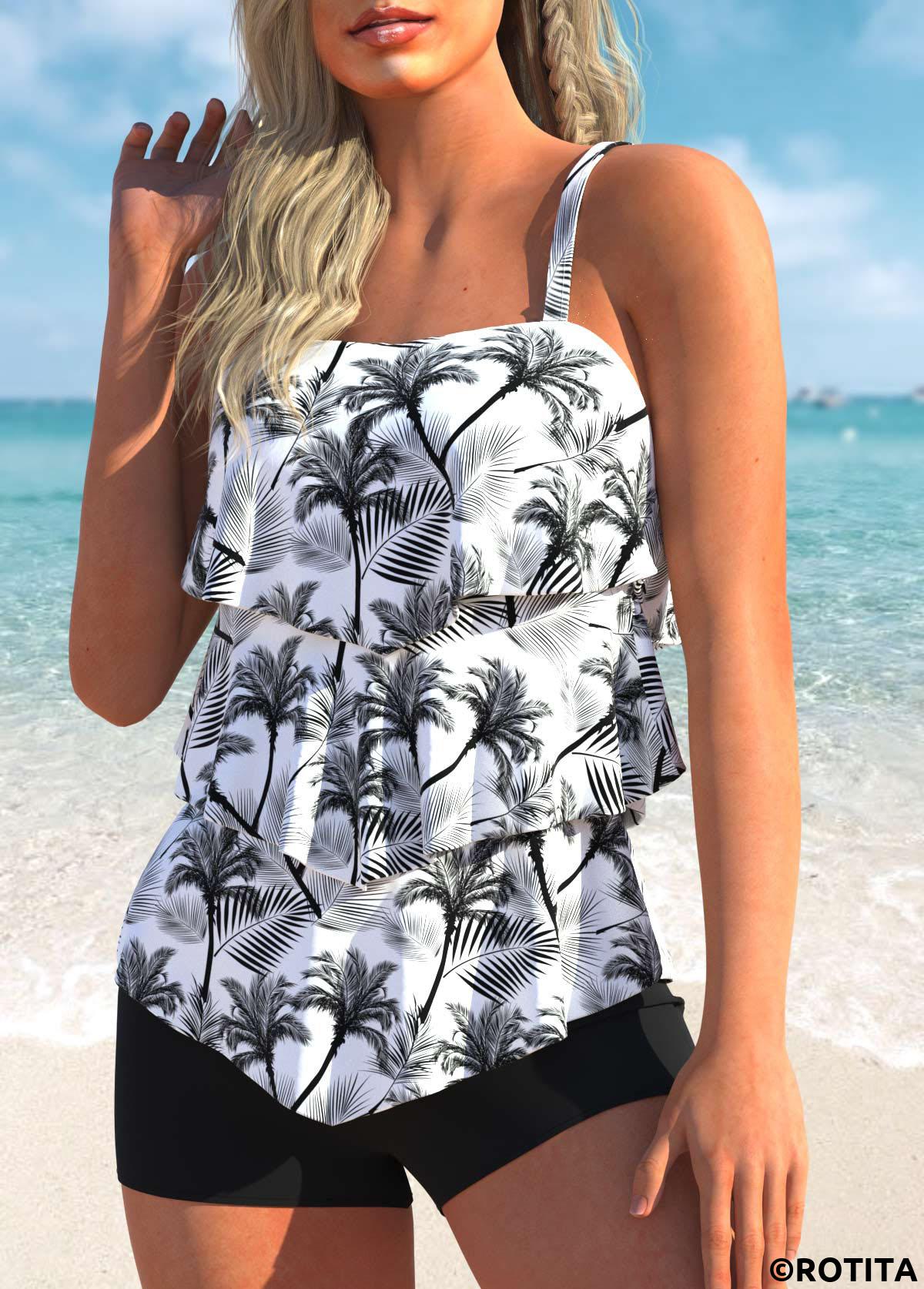White swimwear,Plants swimwear,ROTITA Coconut Print White Layered Hem Tankini Top