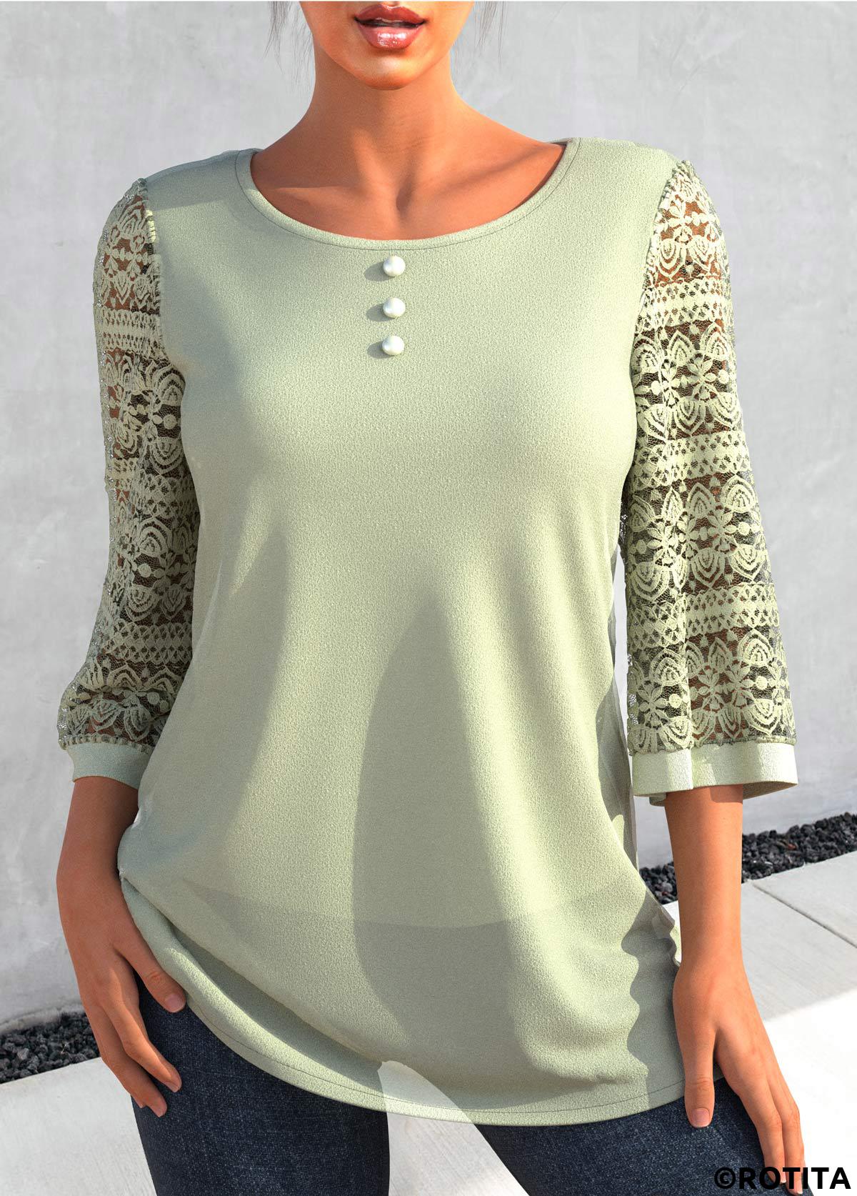 Sage Green tops,Plain Color tops,ROTITA Sage Green Decorative Button Lace Patchwork T Shirt