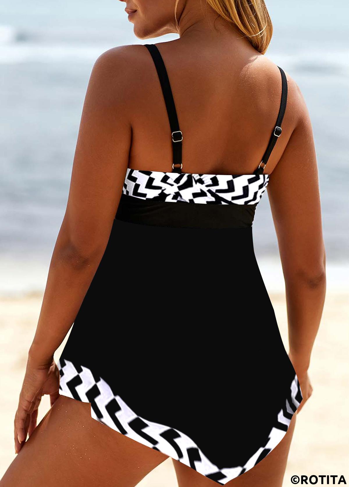 Black swimwear,Geometric swimwear,ROTITA Geometric Print Lace Up White Swimdress Top