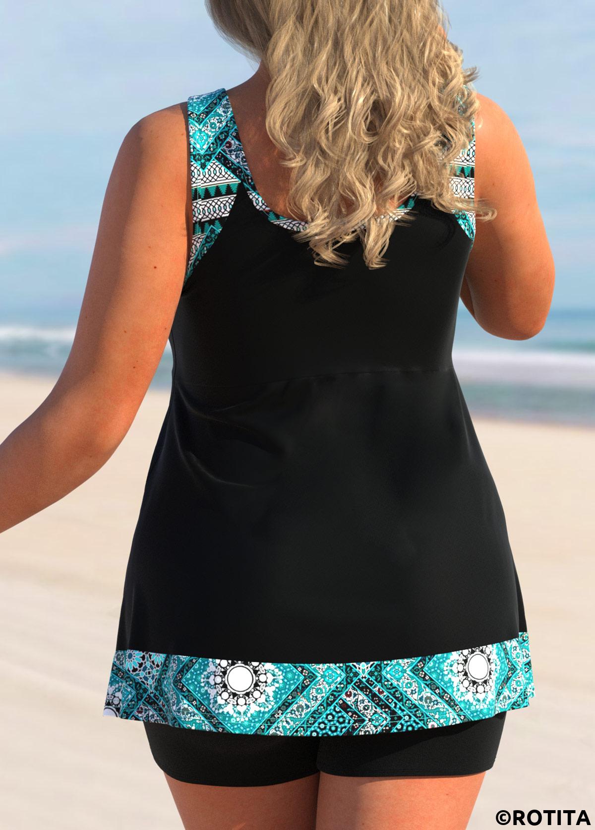 Black plus size,Tribal plus size,ROTITA Plus Size Mesh Tribal Print Black Tankini Top