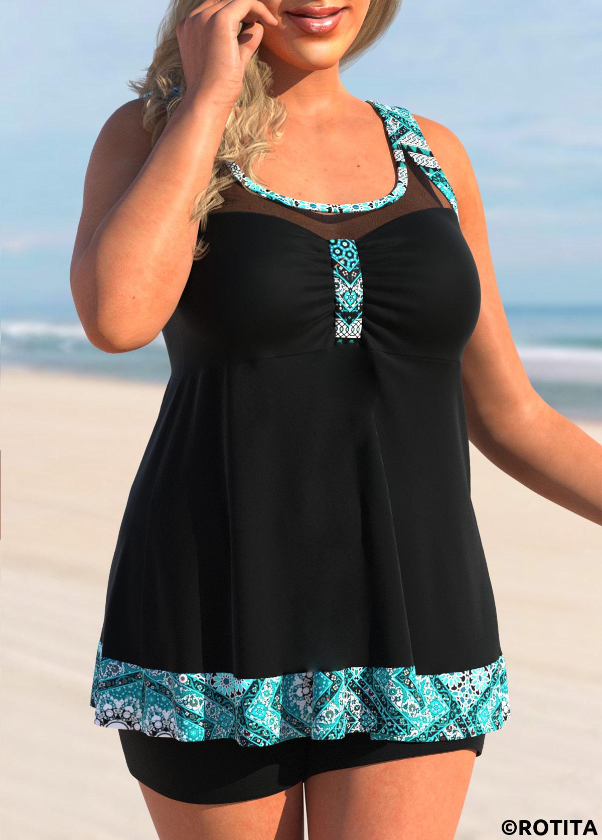 Black plus size,Tribal plus size,ROTITA Plus Size Mesh Tribal Print Black Tankini Top