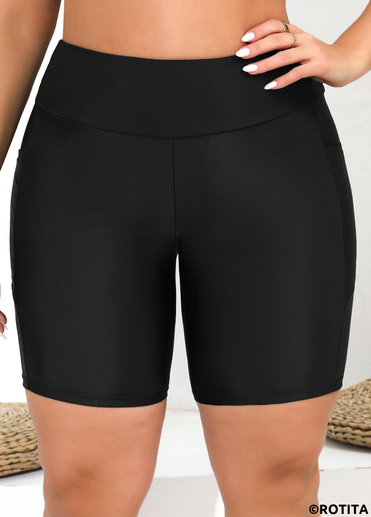 Black swimwear,Plain Color swimwear,ROTITA Black High Waisted Pocket Swim Shorts