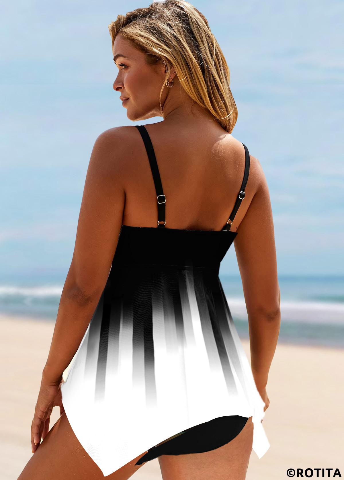 Ombre swimwear,ROTITA Color Block Bowknot Asymmetric Hem Swimdress Top