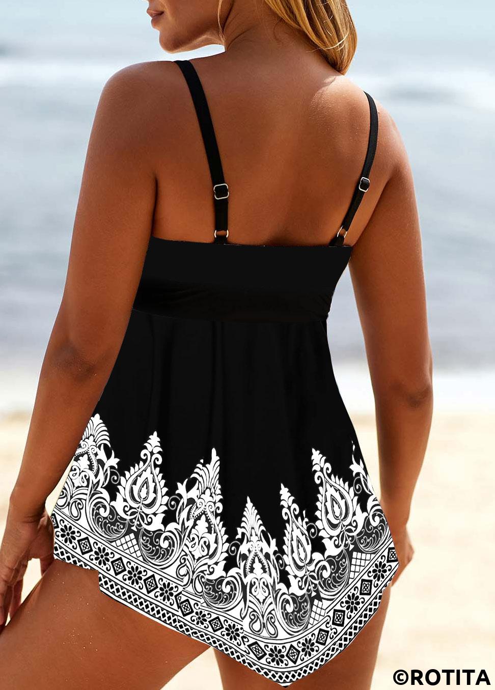 White swimwear,Tribal swimwear,ROTITA Tribal Print White Lace Up Swimdress Top
