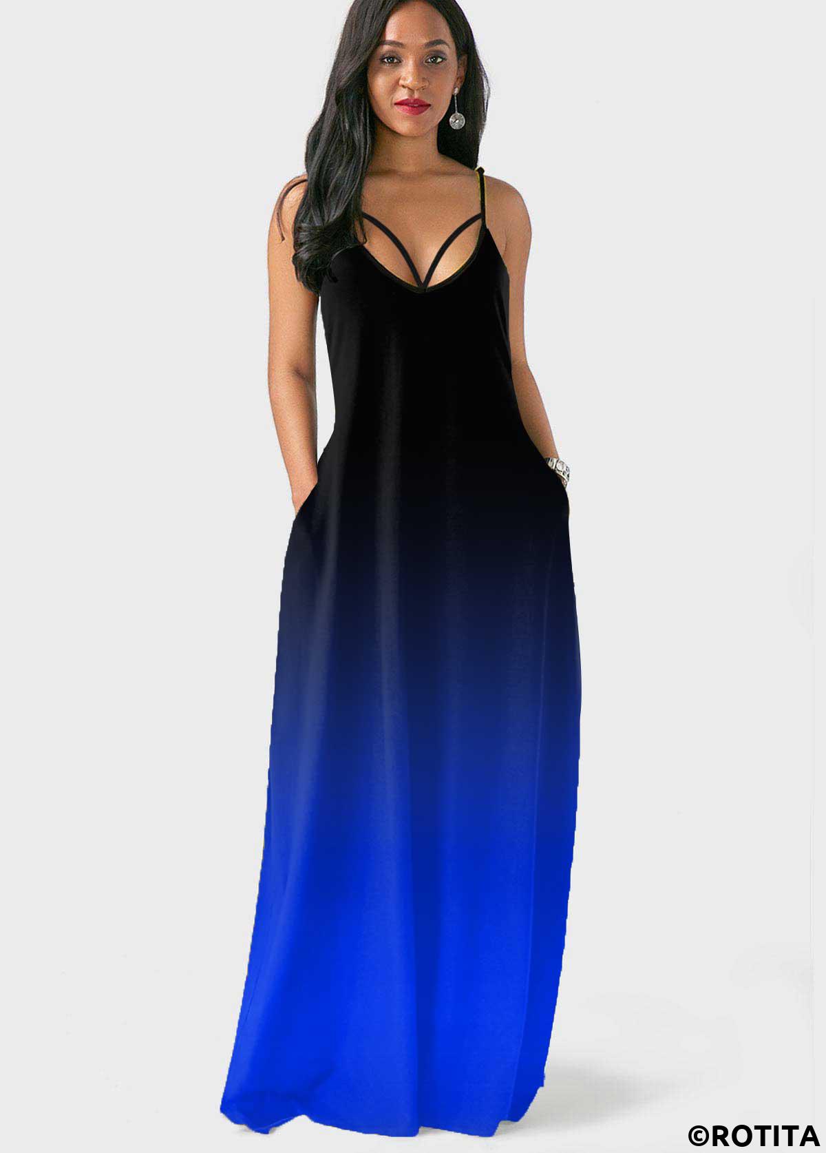 Royal Blue dresses,Ombre dresses,Vacation dresses,Vacation dresses,ROTITA Pocket Ombre Sapphire Blue Maxi Dress