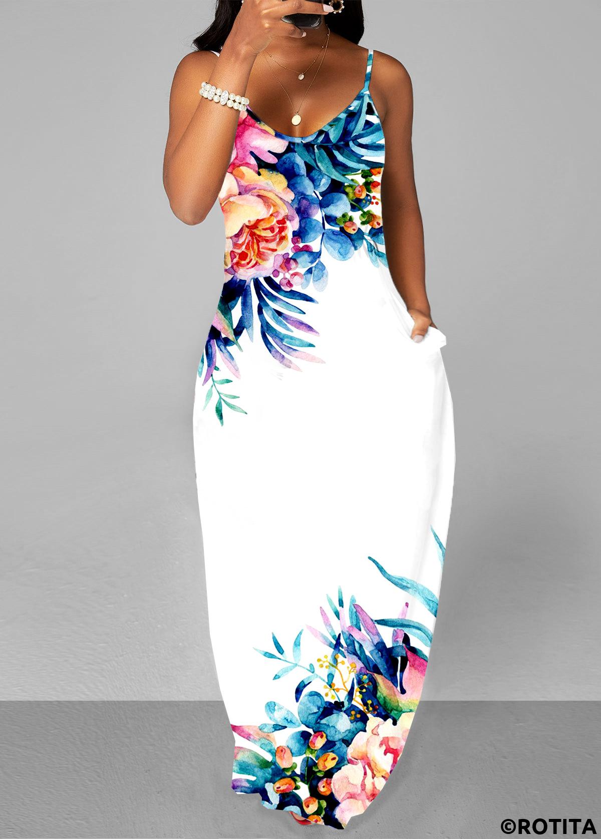 White dresses,Floral dresses,Everyday dresses,Casual dresses,ROTITA Floral Print White Spaghetti Strap Dress