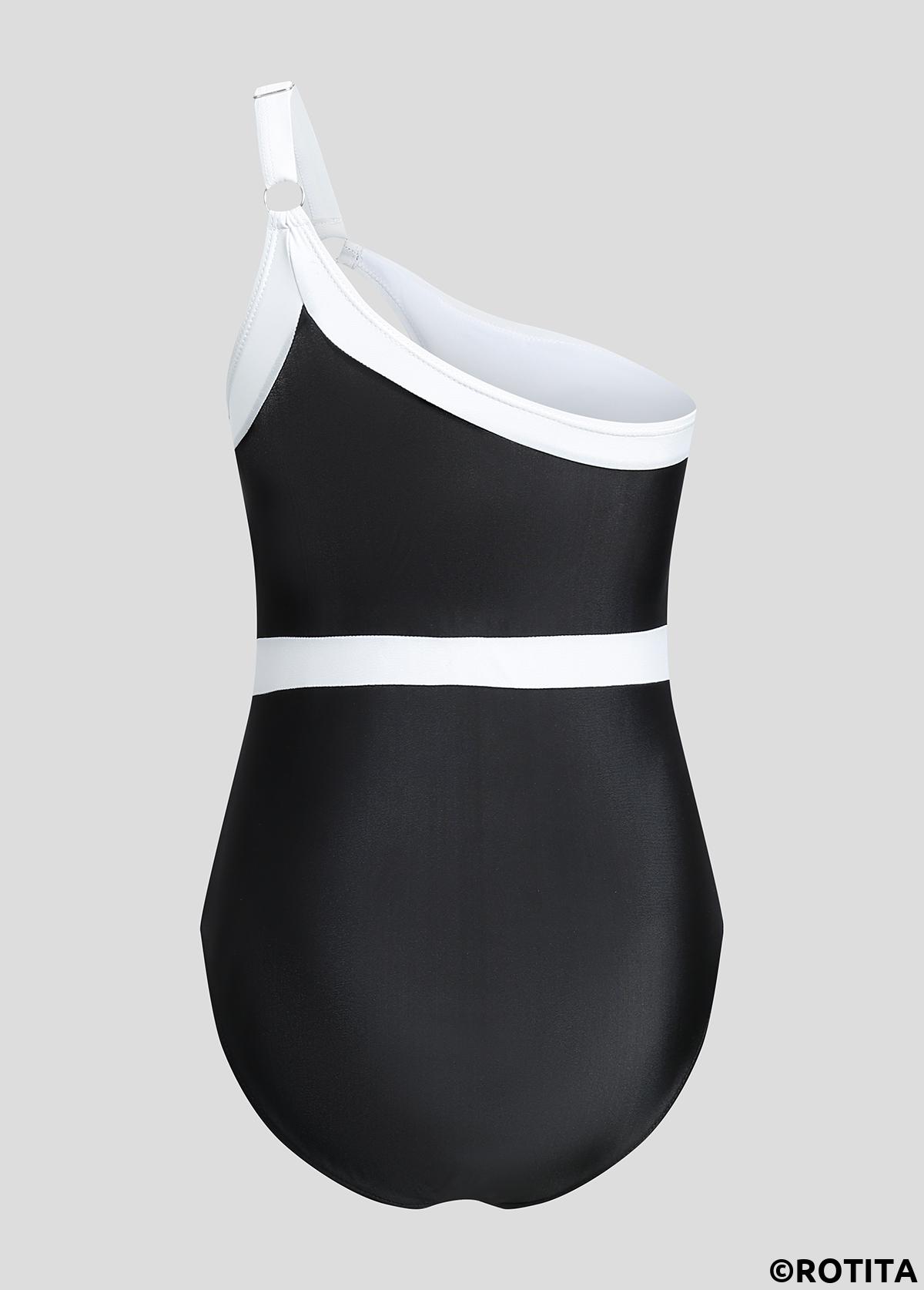 Black swimwear,Contrast Color swimwear,ROTITA Contrast Cutout White One Piece Swimwear