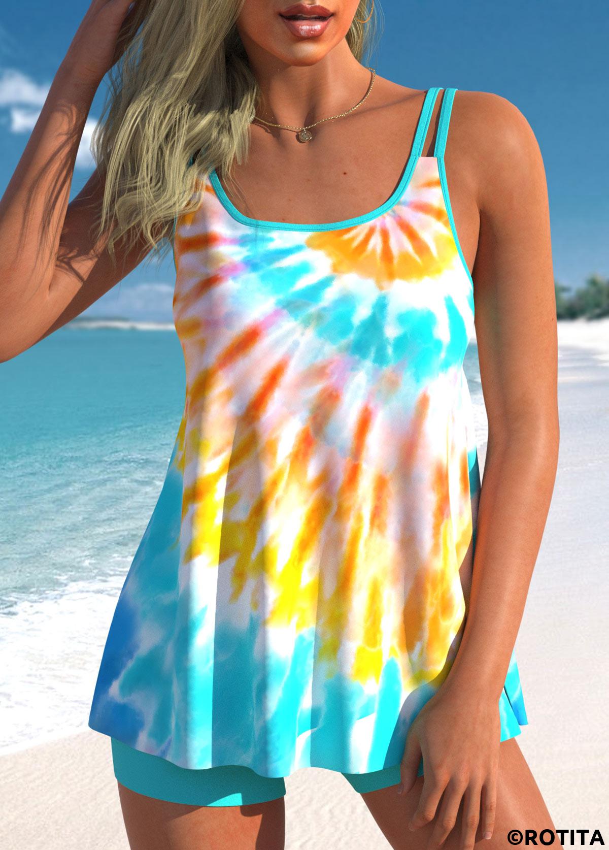 Cyan swimwear,Tie Dye swimwear,ROTITA Ombre Cyan Tie Dye Print Swimdress and Shorts