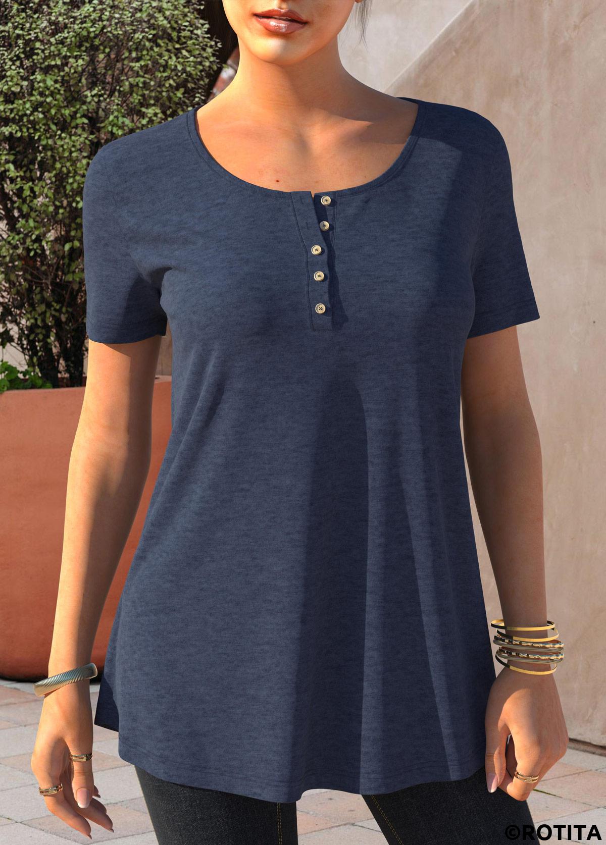 Navy tops,Plain Color tops,ROTITA Navy Blue Button Detail Short Sleeve T Shirt