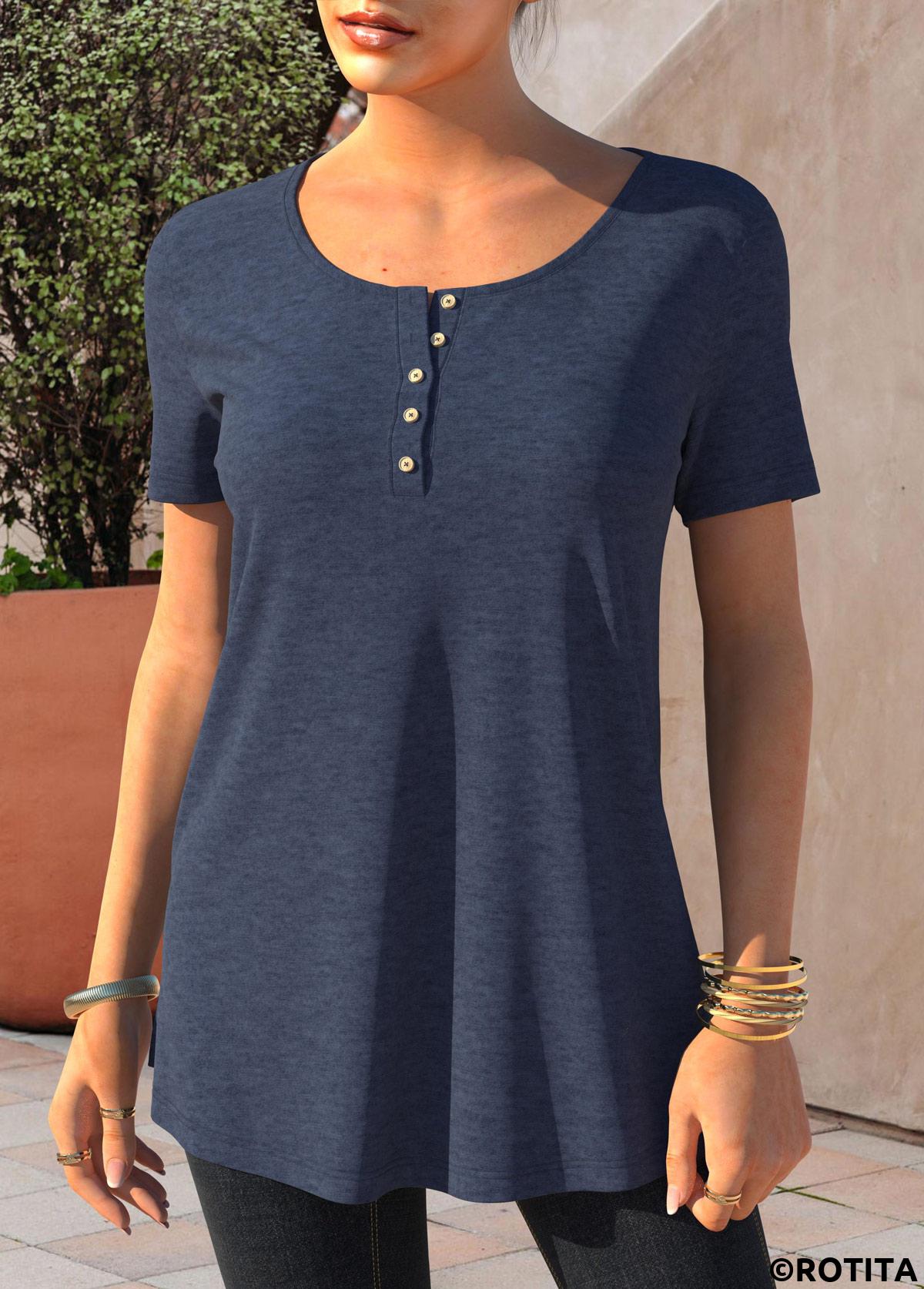 Navy tops,Plain Color tops,ROTITA Navy Blue Button Detail Short Sleeve T Shirt
