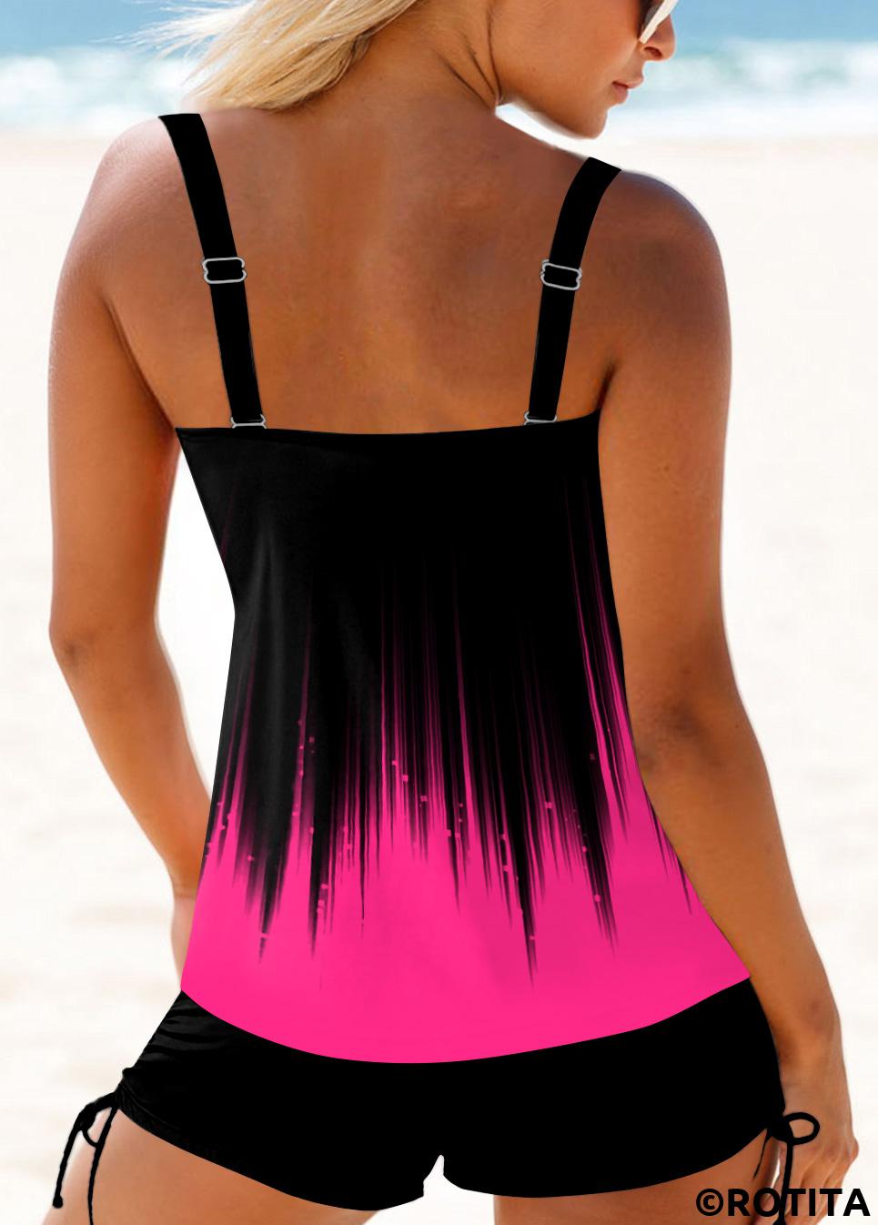 Hot Pink swimwear,Ombre swimwear,ROTITA Cross Front Ombre Rose Red Tankini Top
