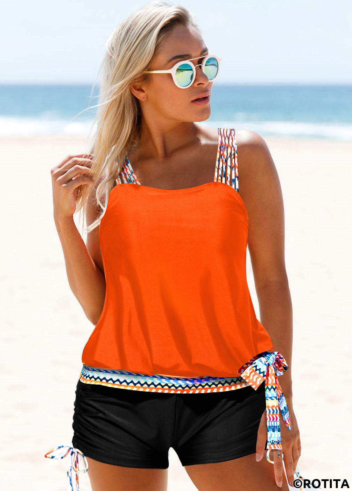 Tribal swimwear,ROTITA Tribal Print Tie Side Coral Orange Tankini Set