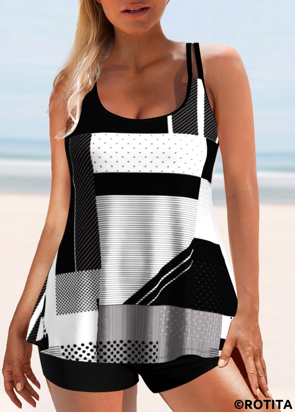 Black swimwear,Geometric swimwear,ROTITA Geometric Print Black Double Straps Tankini Top