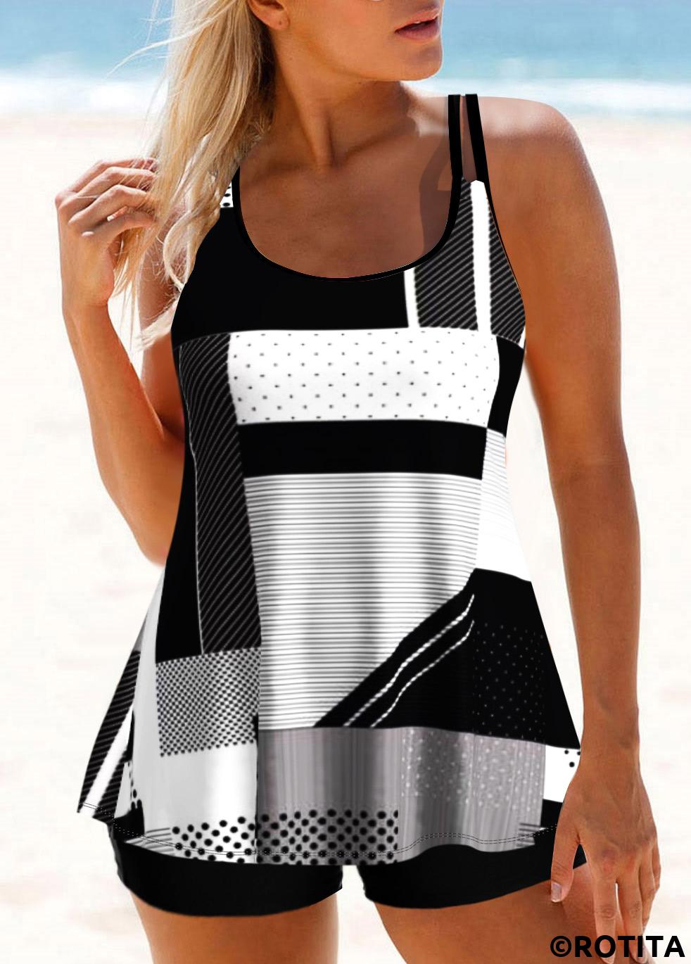 Black swimwear,Geometric swimwear,ROTITA Geometric Print Black Double Straps Tankini Top