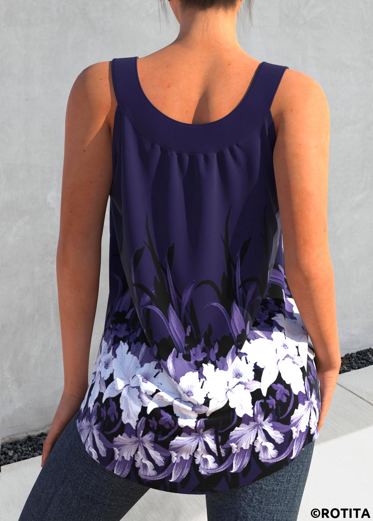 Floral tops,ROTITA Floral Print Deep Purple Round Neck Tank Top