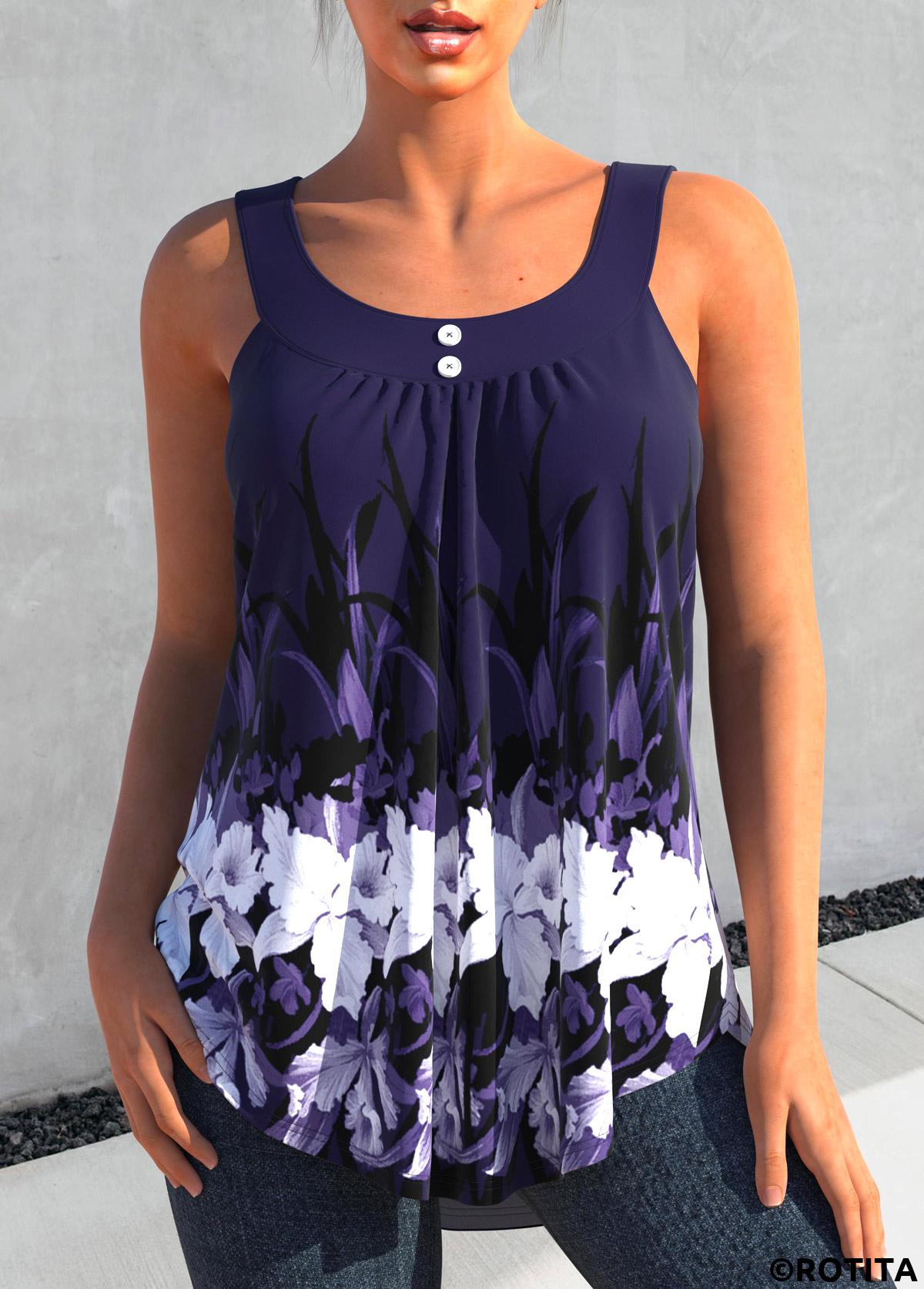 Floral tops,ROTITA Floral Print Deep Purple Round Neck Tank Top