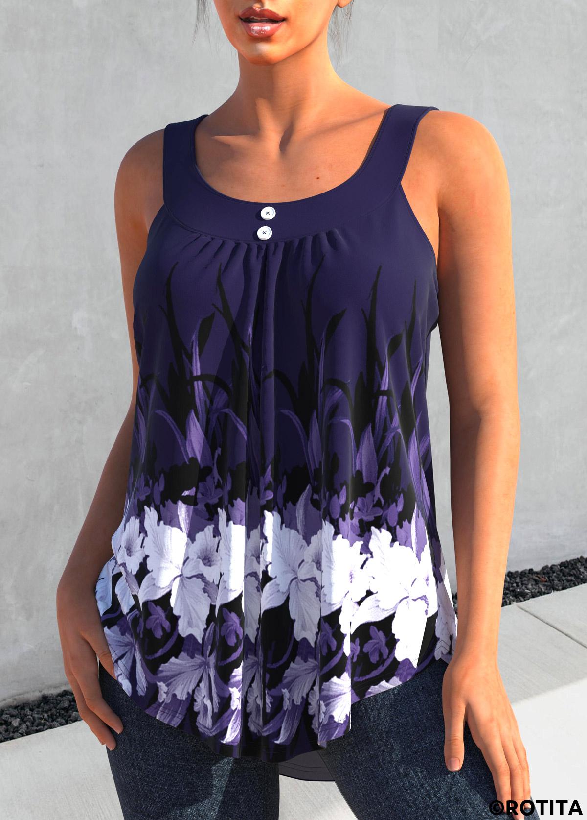 Floral tops,ROTITA Floral Print Deep Purple Round Neck Tank Top