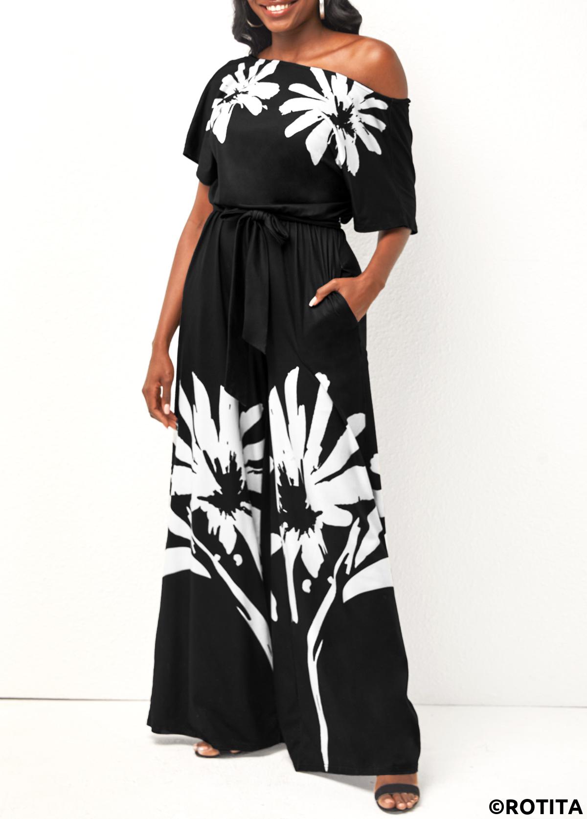 Black jumpsuits&rompers,Floral jumpsuits&rompers,ROTITA Floral Print Belted Skew Neck Black Jumpsuit