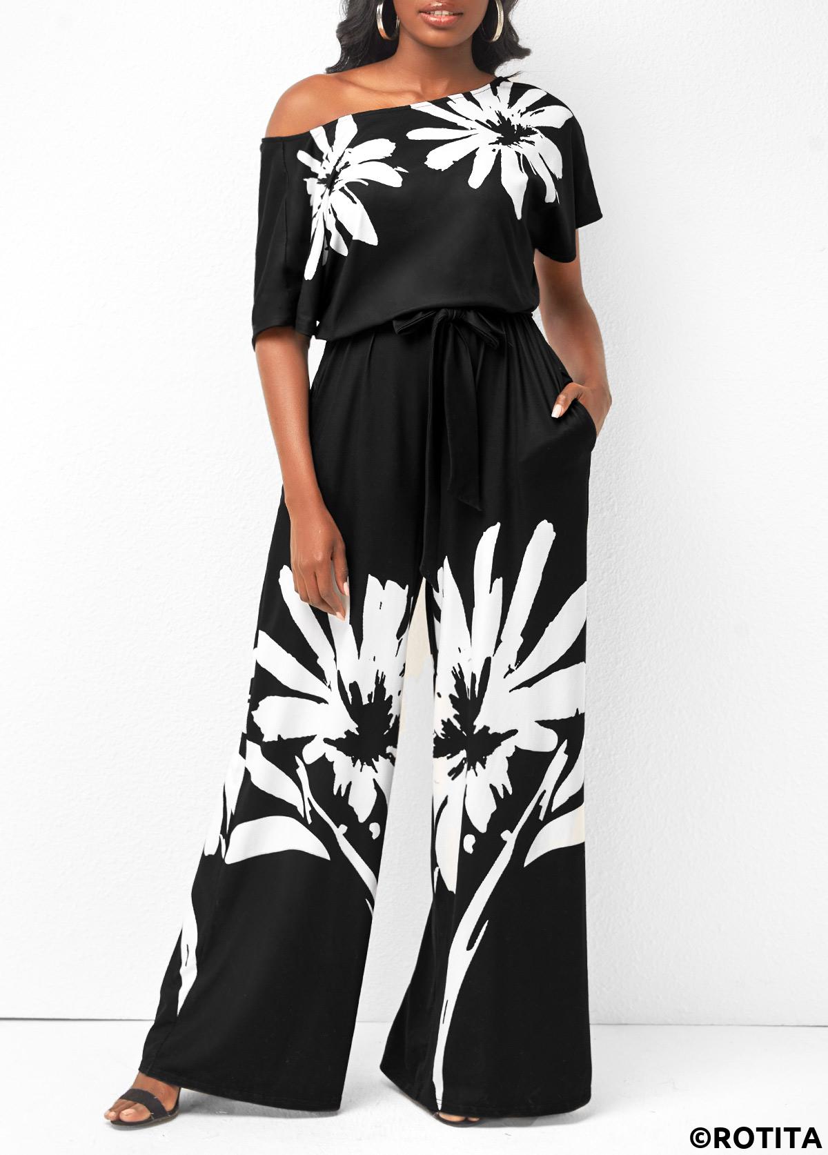 Black jumpsuits&rompers,Floral jumpsuits&rompers,ROTITA Floral Print Belted Skew Neck Black Jumpsuit