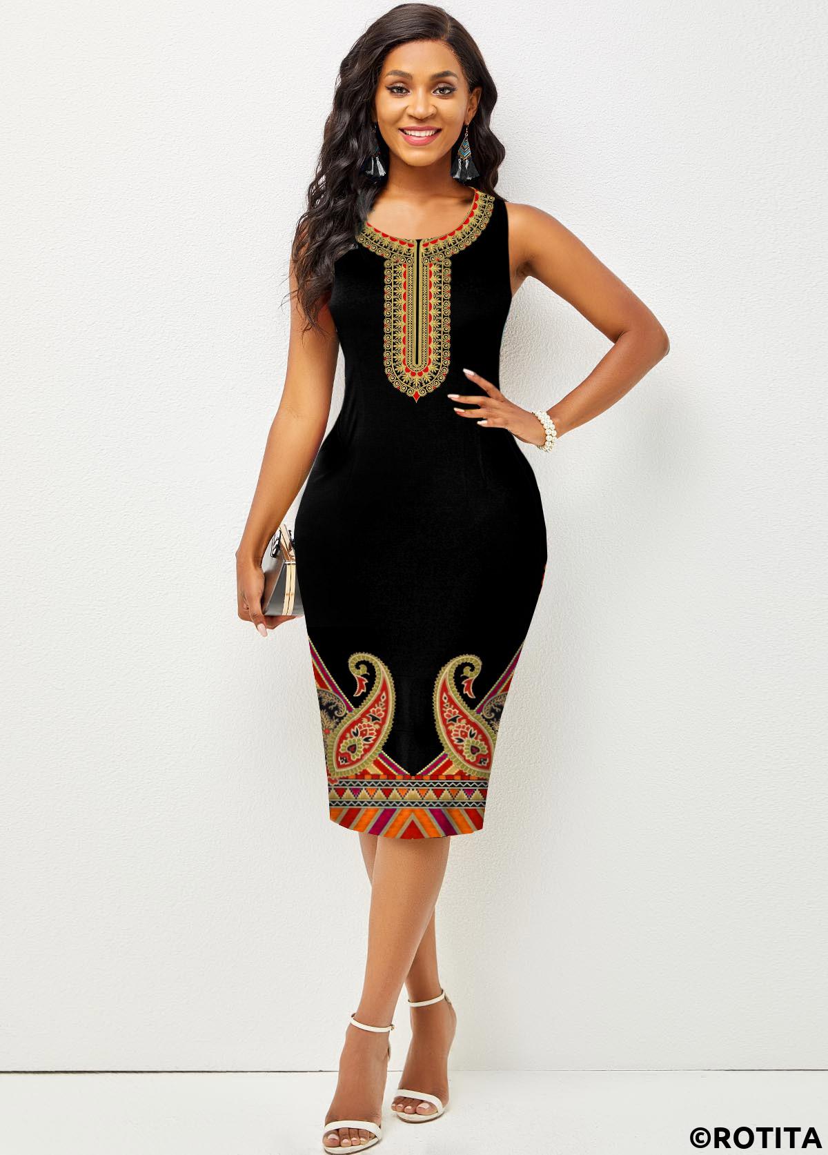 Multi Color dresses,Tribal dresses,Party dresses,Elegant dresses,Tribal Print Sleeveless Black Bodycon Dress