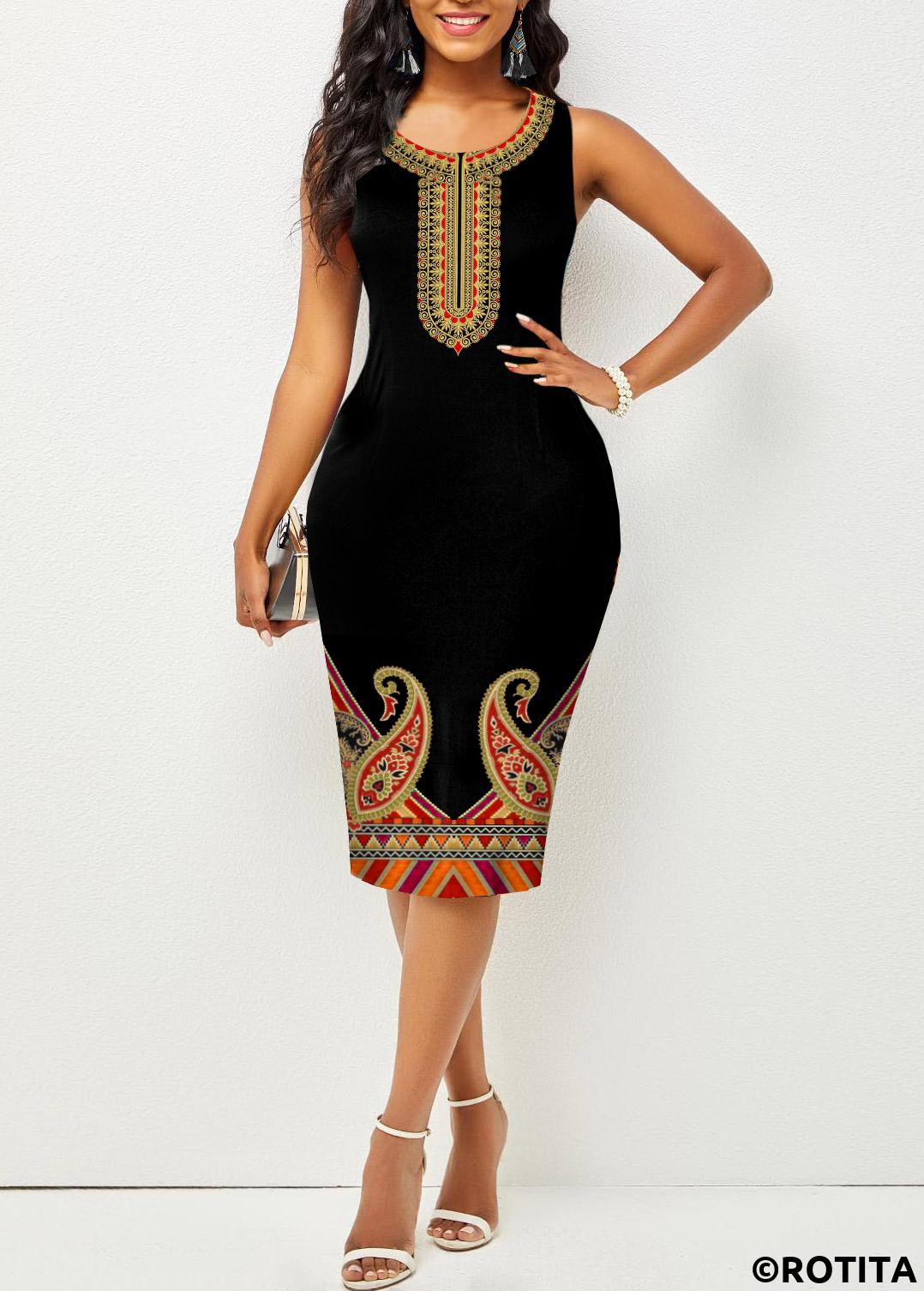 Multi Color dresses,Tribal dresses,Party dresses,Elegant dresses,Tribal Print Sleeveless Black Bodycon Dress