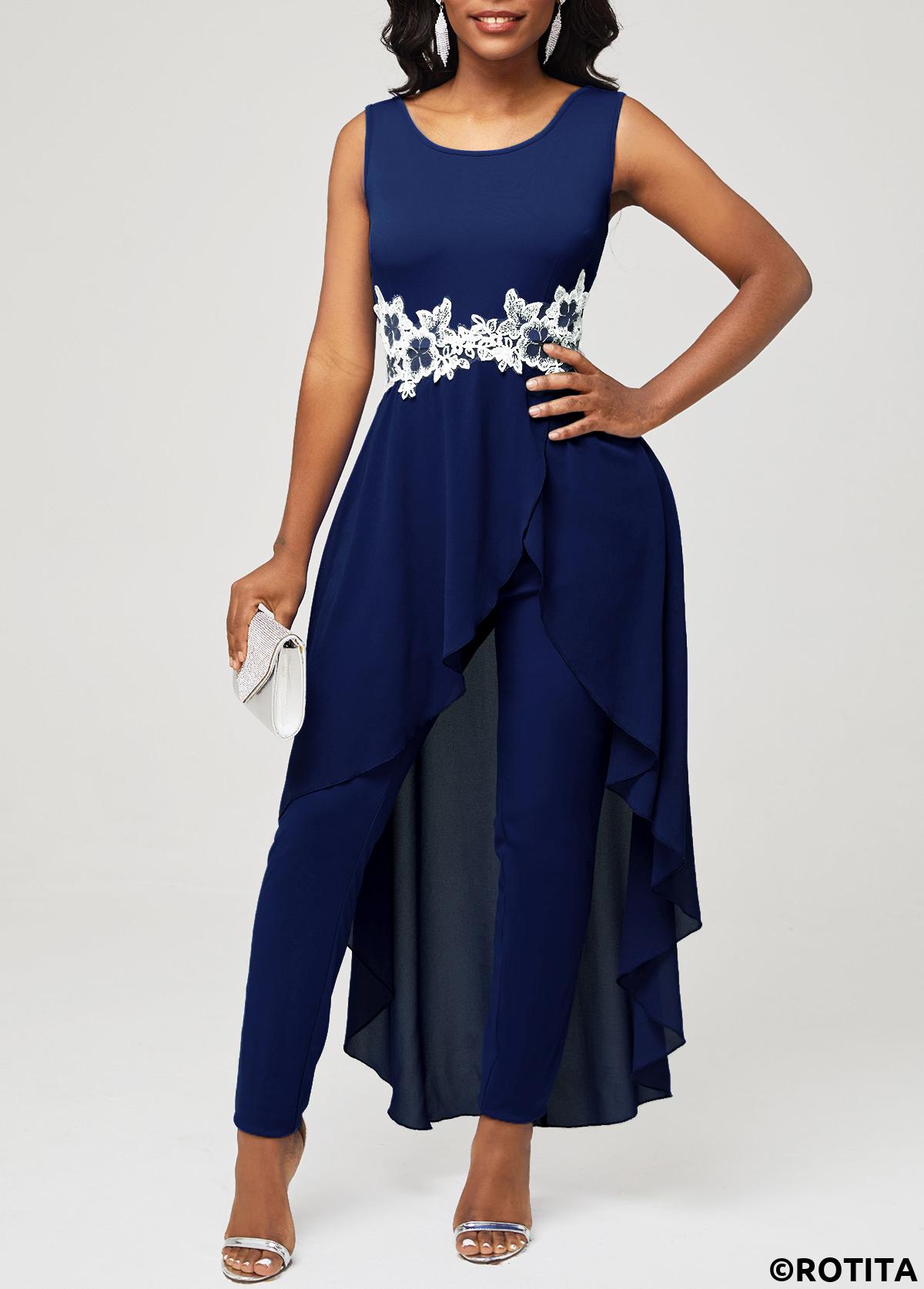 Navy jumpsuits&rompers,Contrast Color jumpsuits&rompers,ROTITA Lace Stitching Navy Blue Faux Two Piece Jumpsuit