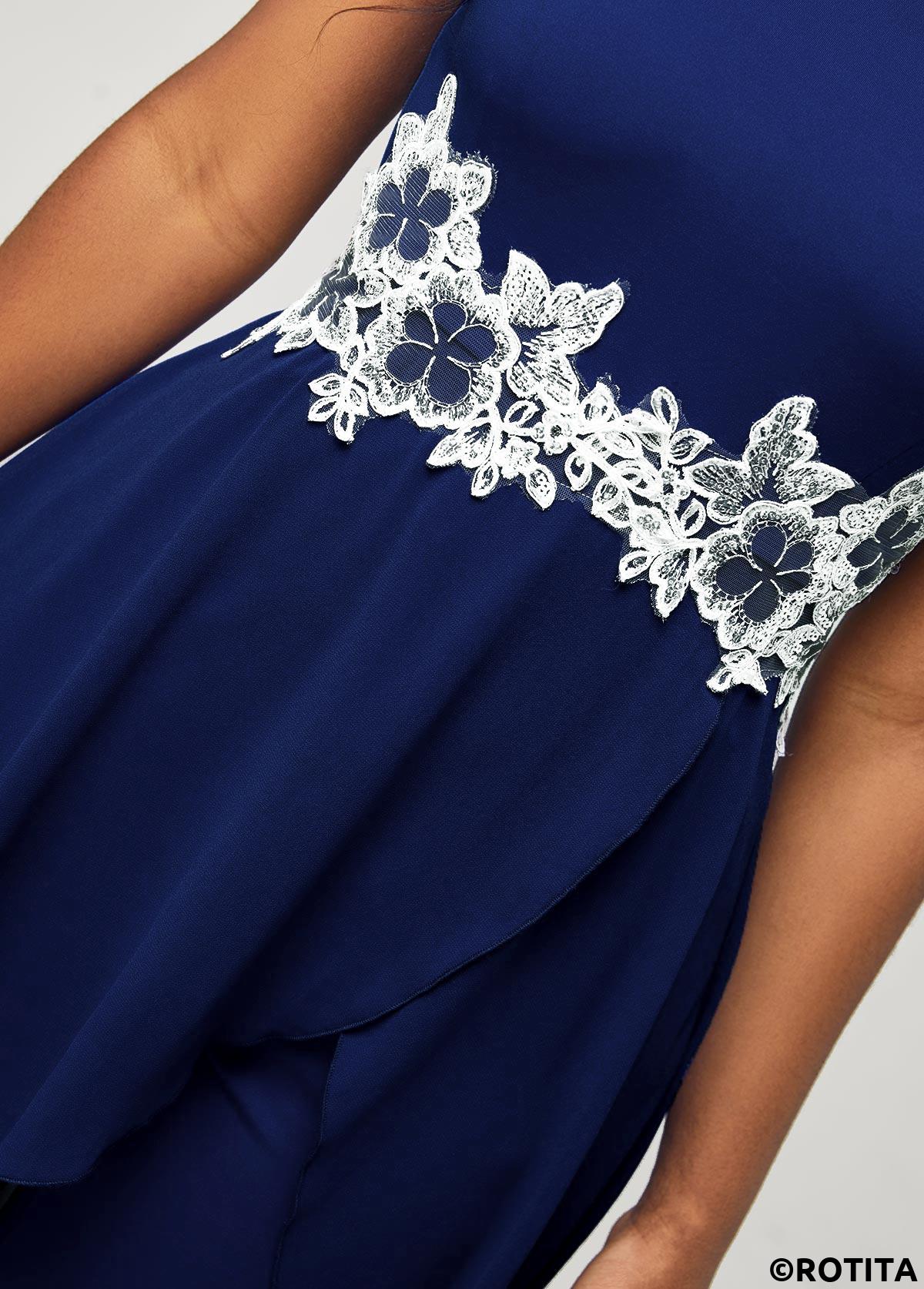 Navy jumpsuits&rompers,Contrast Color jumpsuits&rompers,ROTITA Lace Stitching Navy Blue Faux Two Piece Jumpsuit