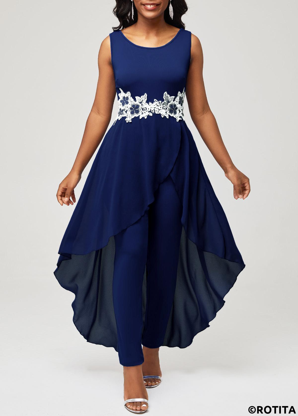 Navy jumpsuits&rompers,Contrast Color jumpsuits&rompers,ROTITA Lace Stitching Navy Blue Faux Two Piece Jumpsuit