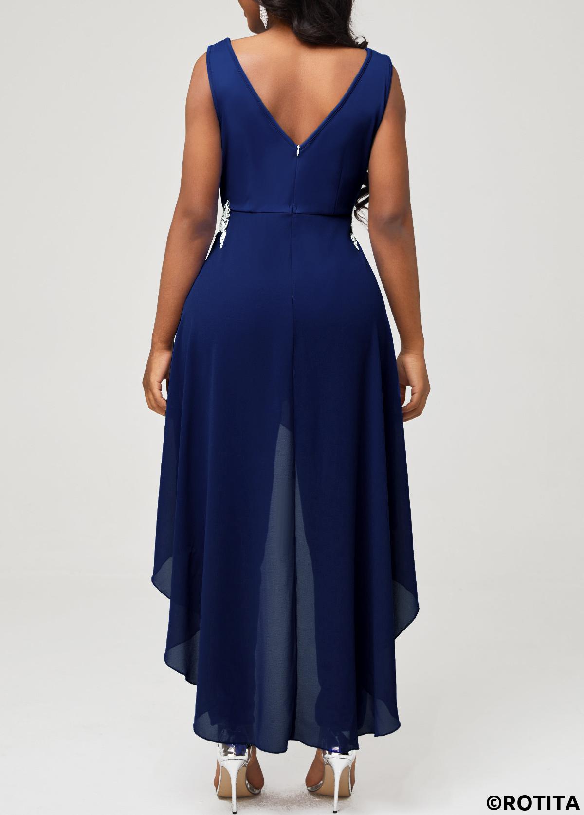 Navy jumpsuits&rompers,Contrast Color jumpsuits&rompers,ROTITA Lace Stitching Navy Blue Faux Two Piece Jumpsuit