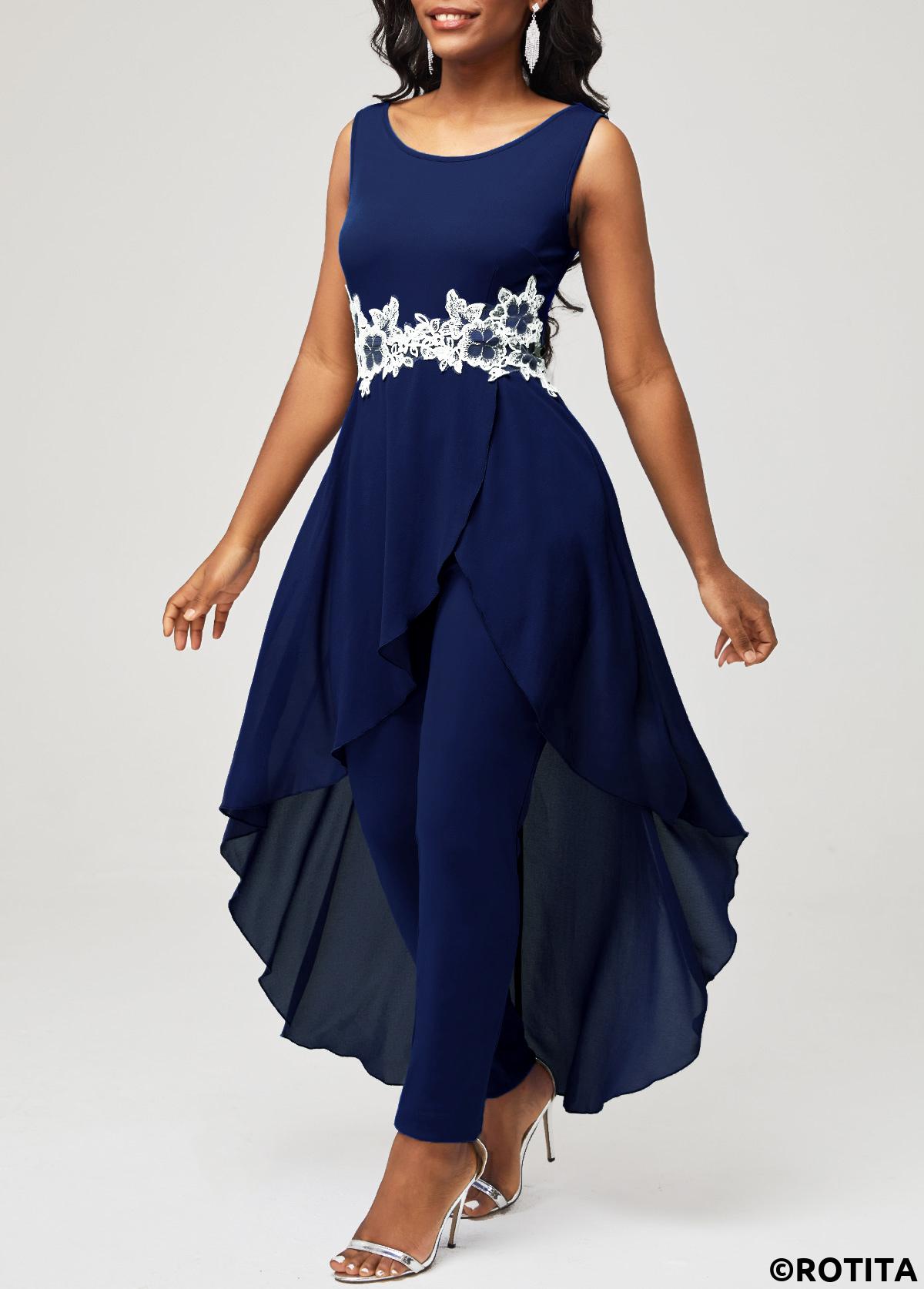 Navy jumpsuits&rompers,Contrast Color jumpsuits&rompers,ROTITA Lace Stitching Navy Blue Faux Two Piece Jumpsuit