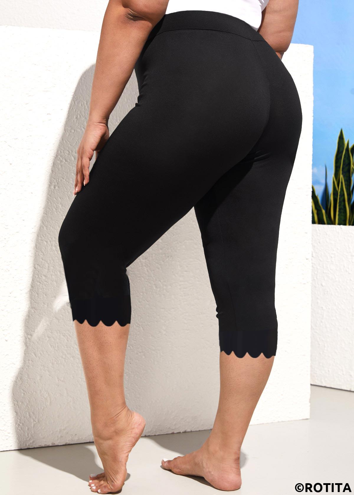 Black plus size,Plain Color plus size,ROTITA Wave Hem Black High Waisted Plus Size Swim Shorts