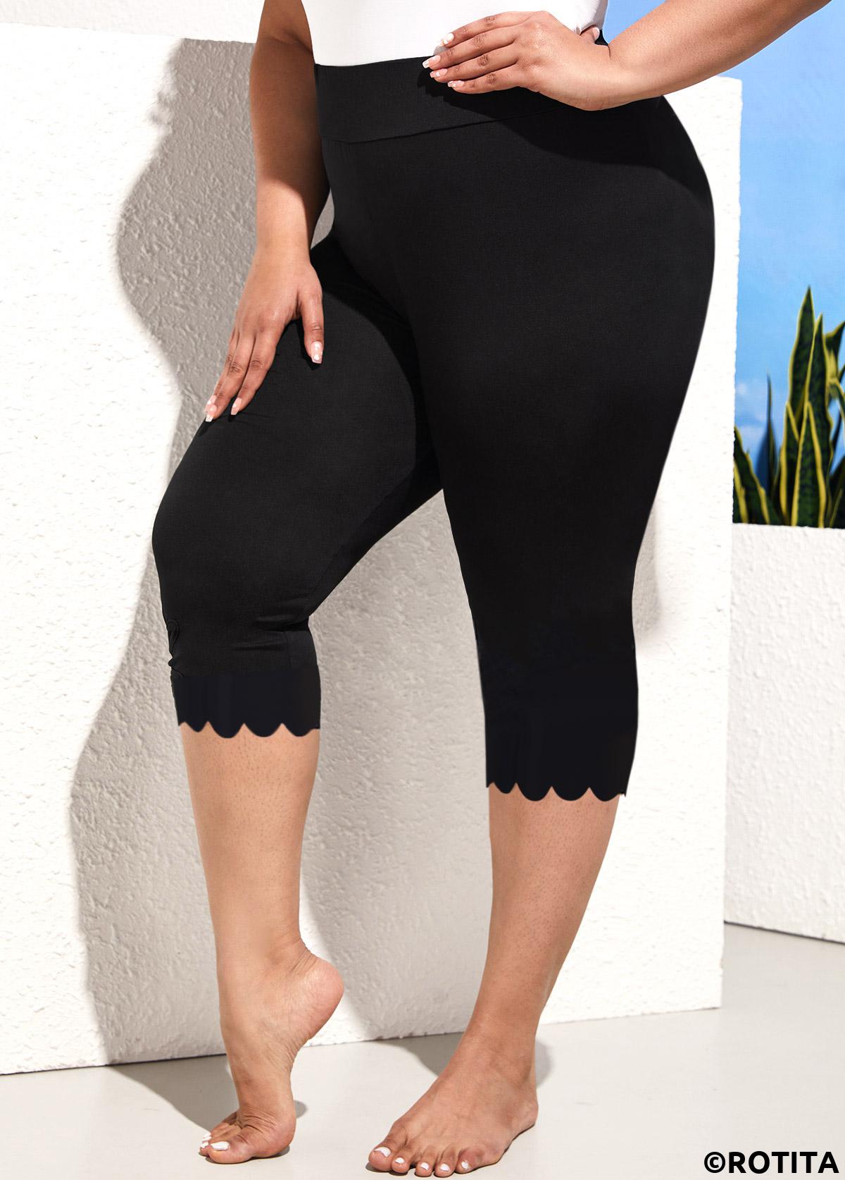 Black plus size,Plain Color plus size,ROTITA Wave Hem Black High Waisted Plus Size Swim Shorts
