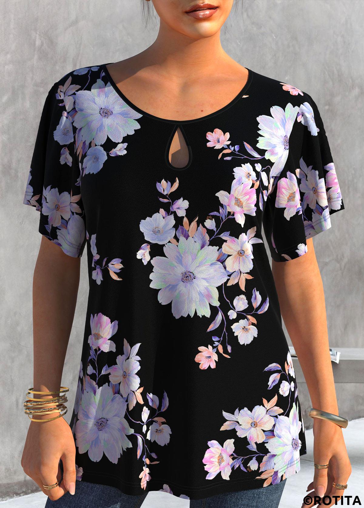 Black tops,Floral tops,ROTITA Floral Print Black Short Sleeve T Shirt