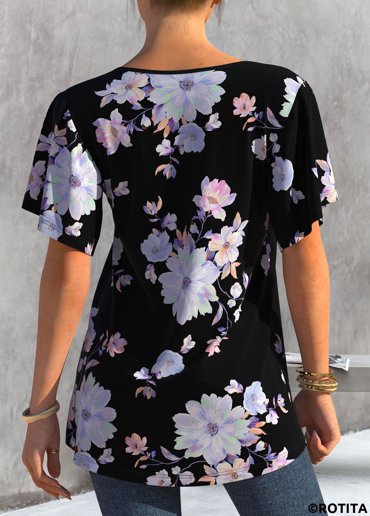 Black tops,Floral tops,ROTITA Floral Print Black Short Sleeve T Shirt