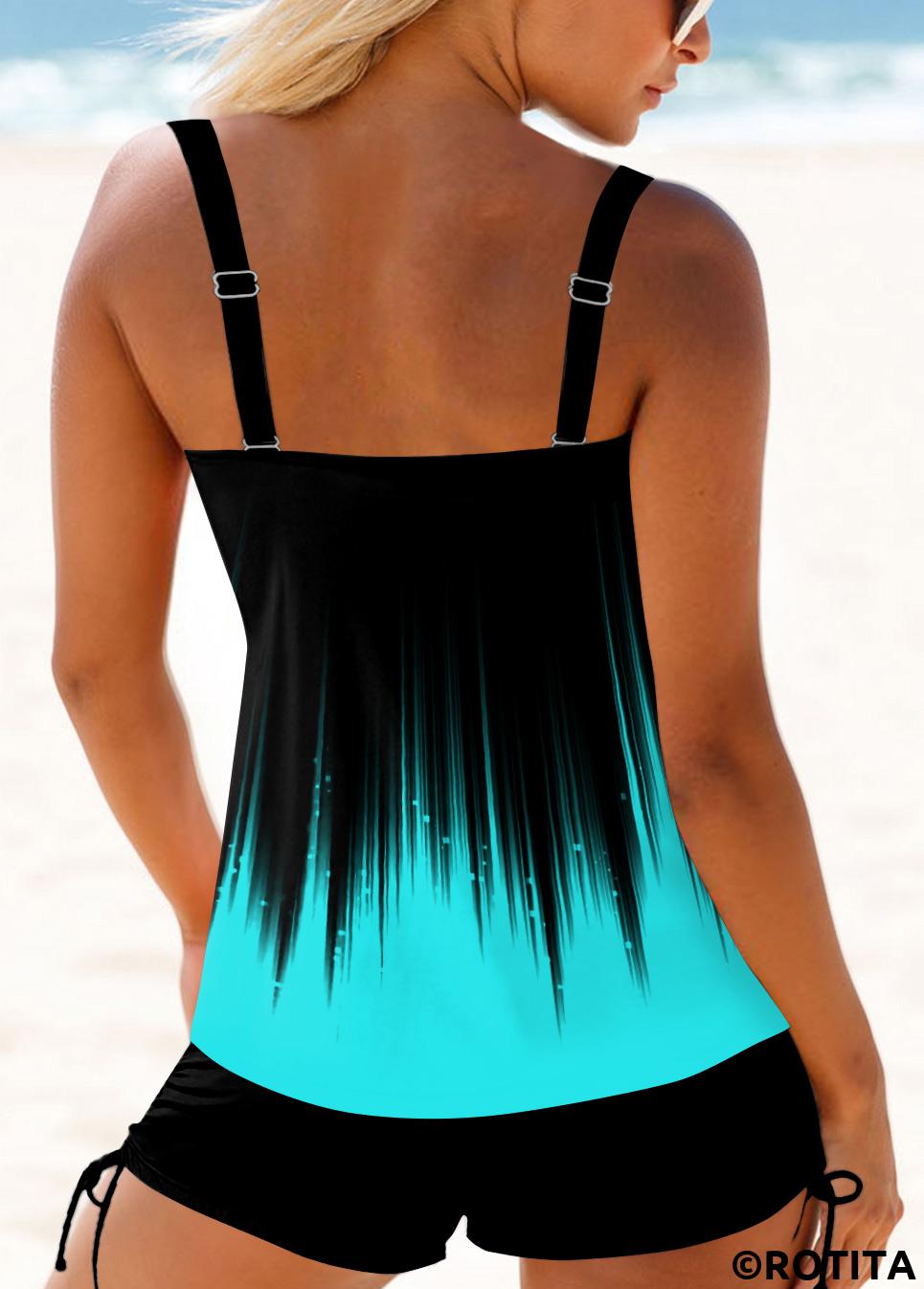 Cyan swimwear,Ombre swimwear,ROTITA Cross Front Wide Strap Cyan Ombre Tankini Top