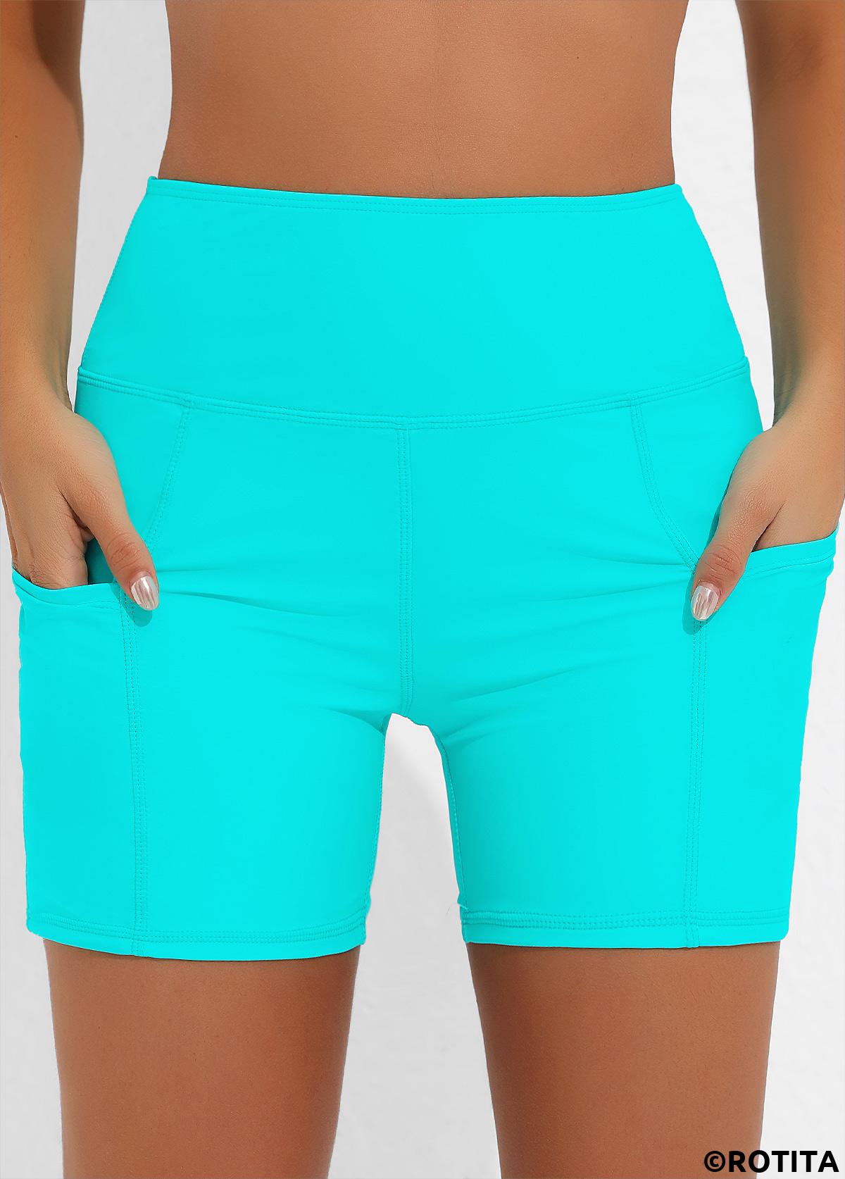 Cyan swimwear,Plain Color swimwear,ROTITA High Waisted Cyan Double Side Pockets Swim Shorts