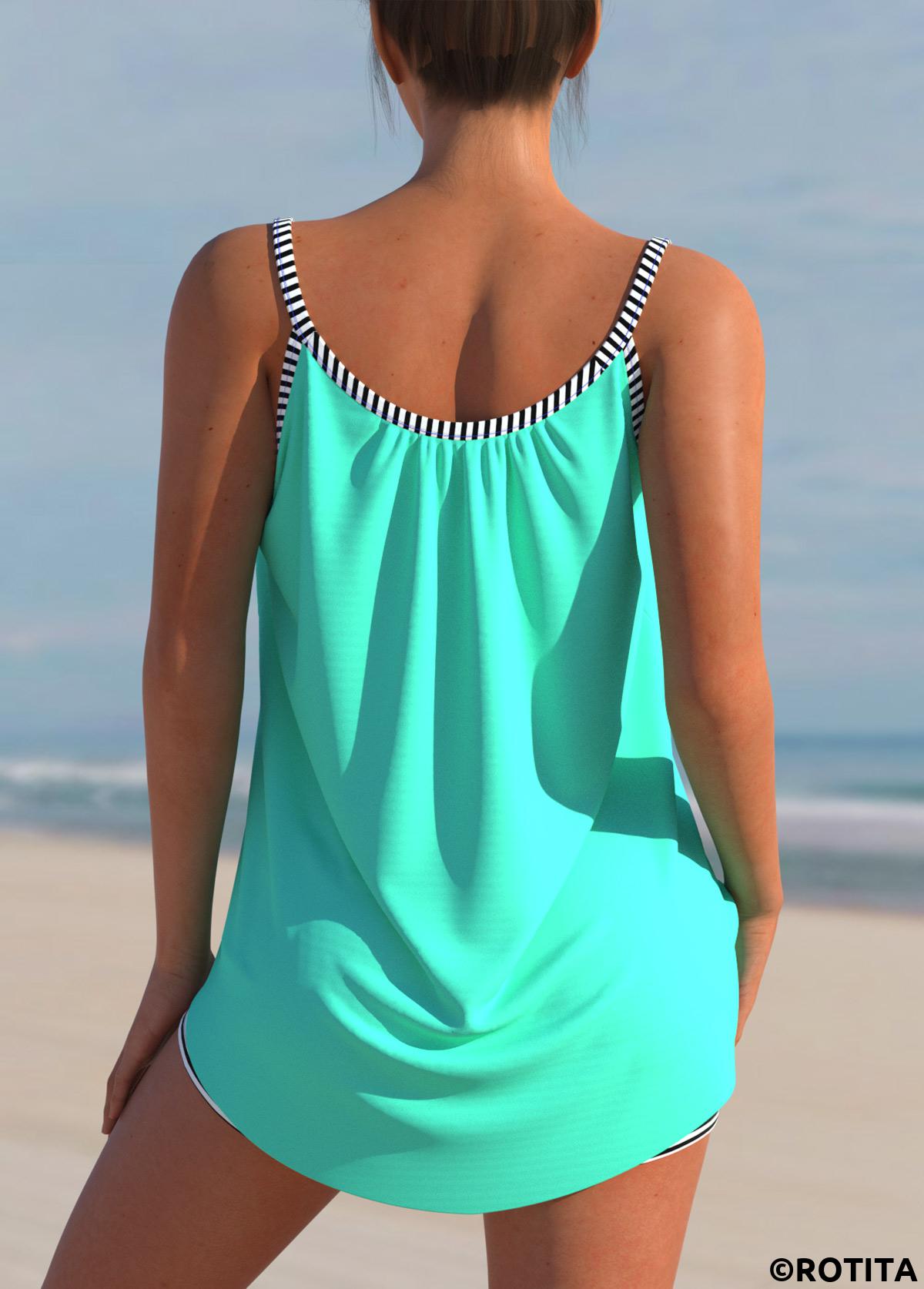 Cyan swimwear,Striped swimwear,ROTITA Striped Bowknot Cyan Spaghetti Strap Tankini Set