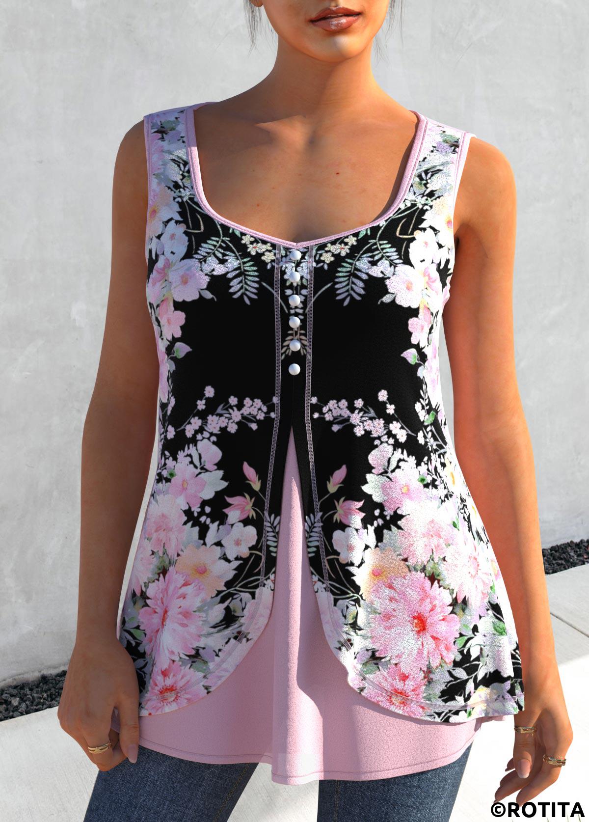 Light Pink tops,Floral tops,ROTITA Light Pink Floral Print Faux Two Piece Tank Top