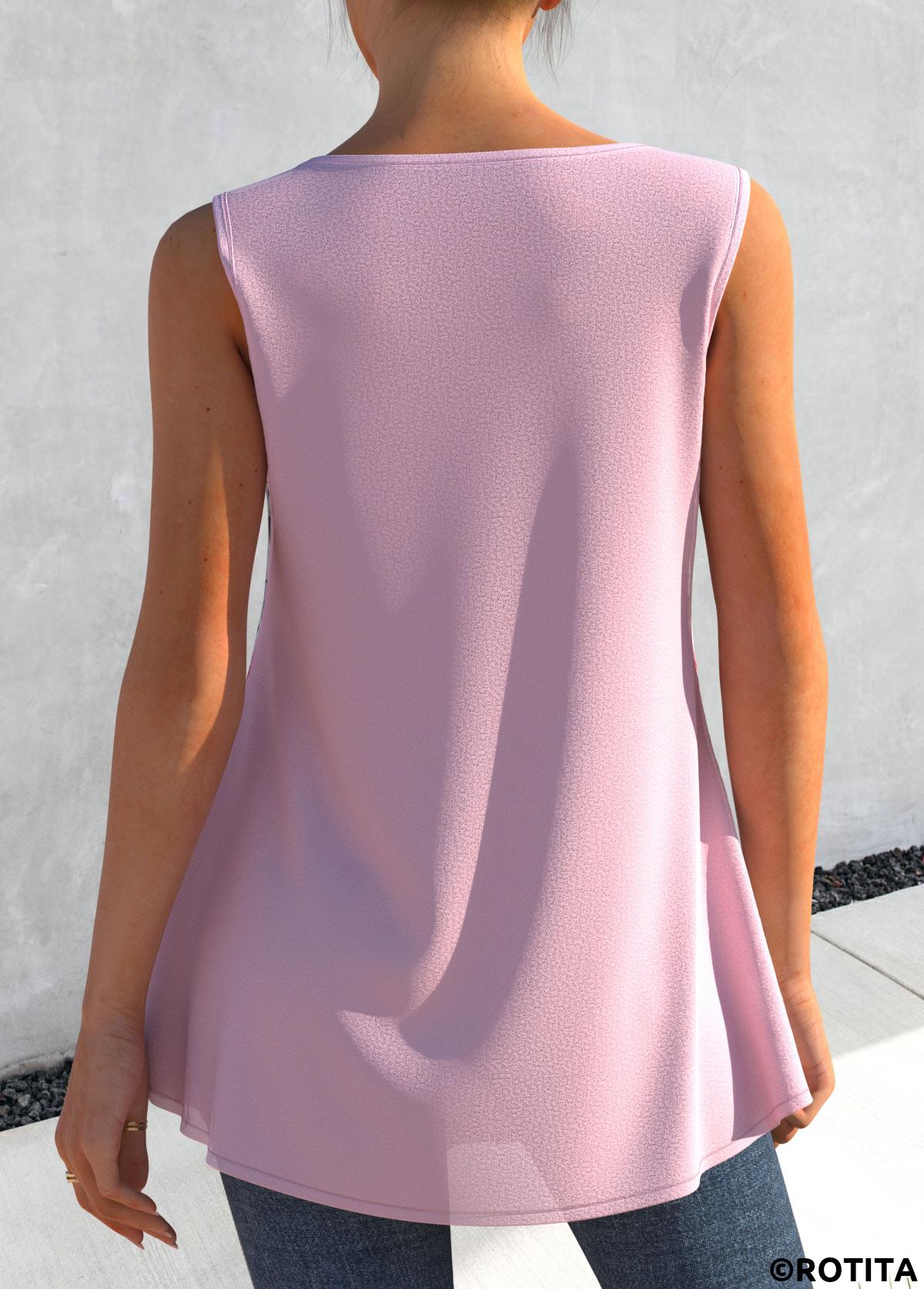 Light Pink tops,Floral tops,ROTITA Light Pink Floral Print Faux Two Piece Tank Top