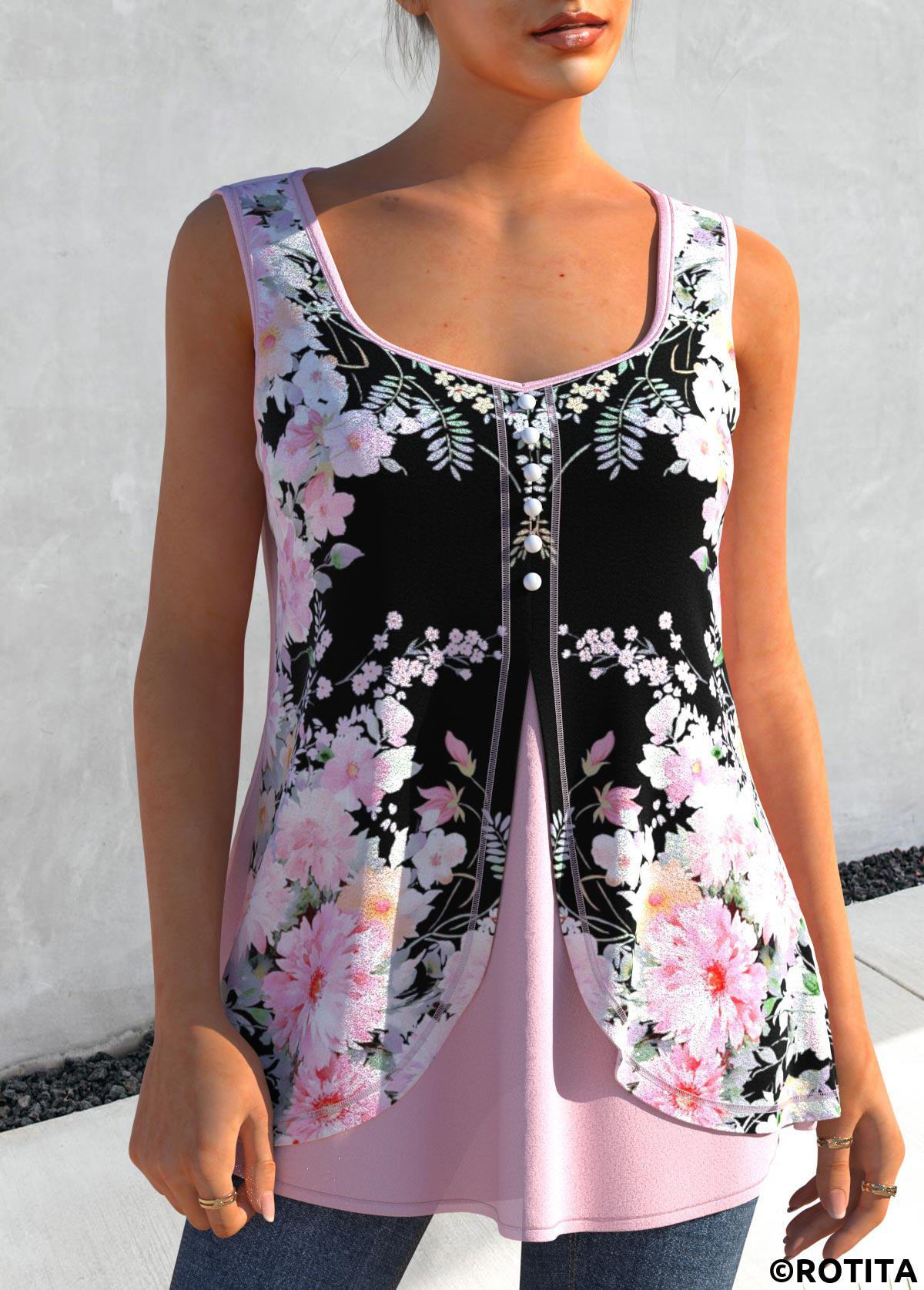Light Pink tops,Floral tops,ROTITA Light Pink Floral Print Faux Two Piece Tank Top