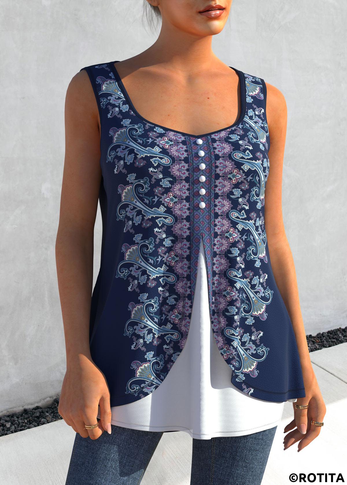 Tribal tops,ROTITA Navy Blue Tribal Print Faux Two Piece Tank Top