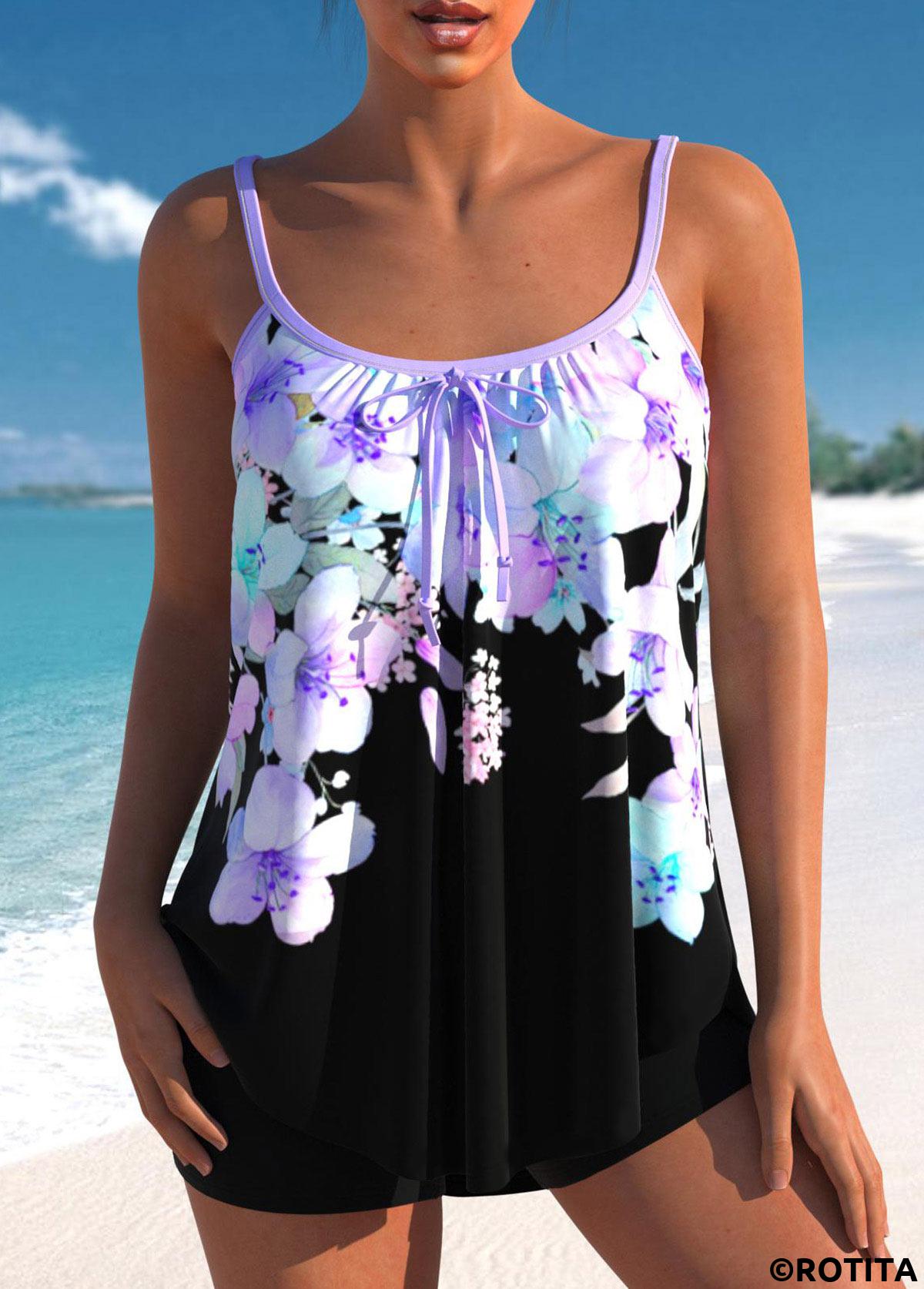 Light Purple swimwear,Floral swimwear,ROTITA Floral Print Bowknot Light Purple Tankini Top